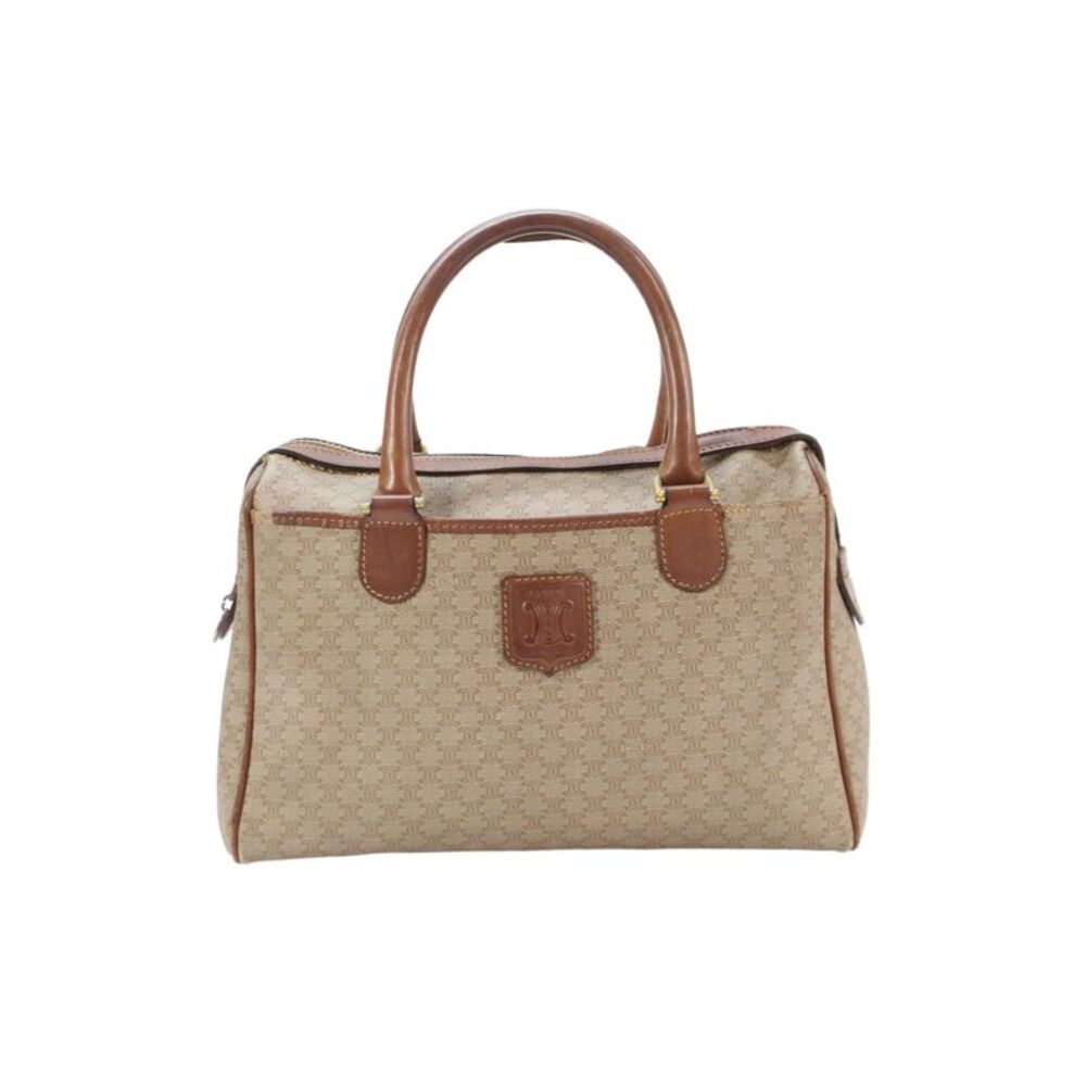 Celine Womens Double Handle Coated Canvas Macadam Boston Bag Handbag Brown